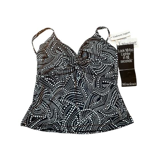NWT!  Miraclesuit Swim Tankini Underwire Top Roswell Black/White Pattern-Size 12 - Picture 1 of 15